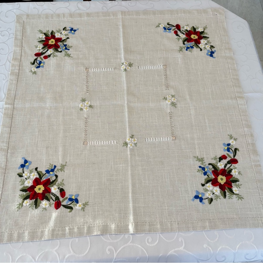 Vintage Embroidered Square Floral Tablecloth Featuring Red and Blue Bouquets